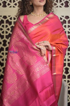 Shubh Lakshmi 2.0 ~ Handloom High Quality Pure Soft Silk Saree in Dual Tone Orange Pink (Silk Mark Certified) - verymuchindian.com
