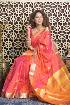 Shubh Lakshmi 2.0 ~ Handloom High Quality Pure Soft Silk Saree in Dual Tone Orange Pink (Silk Mark Certified) - verymuchindian.com