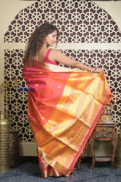 Shubh Lakshmi 2.0 ~ Handloom High Quality Pure Soft Silk Saree in Dual Tone Orange Pink (Silk Mark Certified) - verymuchindian.com