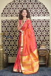 Shubh Lakshmi 2.0 ~ Handloom High Quality Pure Soft Silk Saree in Dual Tone Orange Pink (Silk Mark Certified) - verymuchindian.com