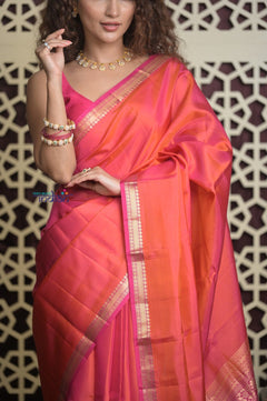 Shubh Lakshmi 2.0 ~ Handloom High Quality Pure Soft Silk Saree in Dual Tone Orange Pink (Silk Mark Certified) - verymuchindian.com