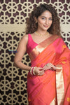 Shubh Lakshmi 2.0 ~ Handloom High Quality Pure Soft Silk Saree in Dual Tone Orange Pink (Silk Mark Certified) - verymuchindian.com
