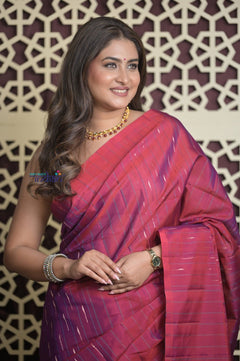Shubh Lakshmi 2.0 ~ Handloom High Quality Pure Soft Silk Saree in Dual Tone Pink and Blue (Silk Mark Certified) - verymuchindian.com