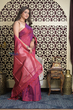Shubh Lakshmi 2.0 ~ Handloom High Quality Pure Soft Silk Saree in Dual Tone Pink and Blue (Silk Mark Certified) - verymuchindian.com