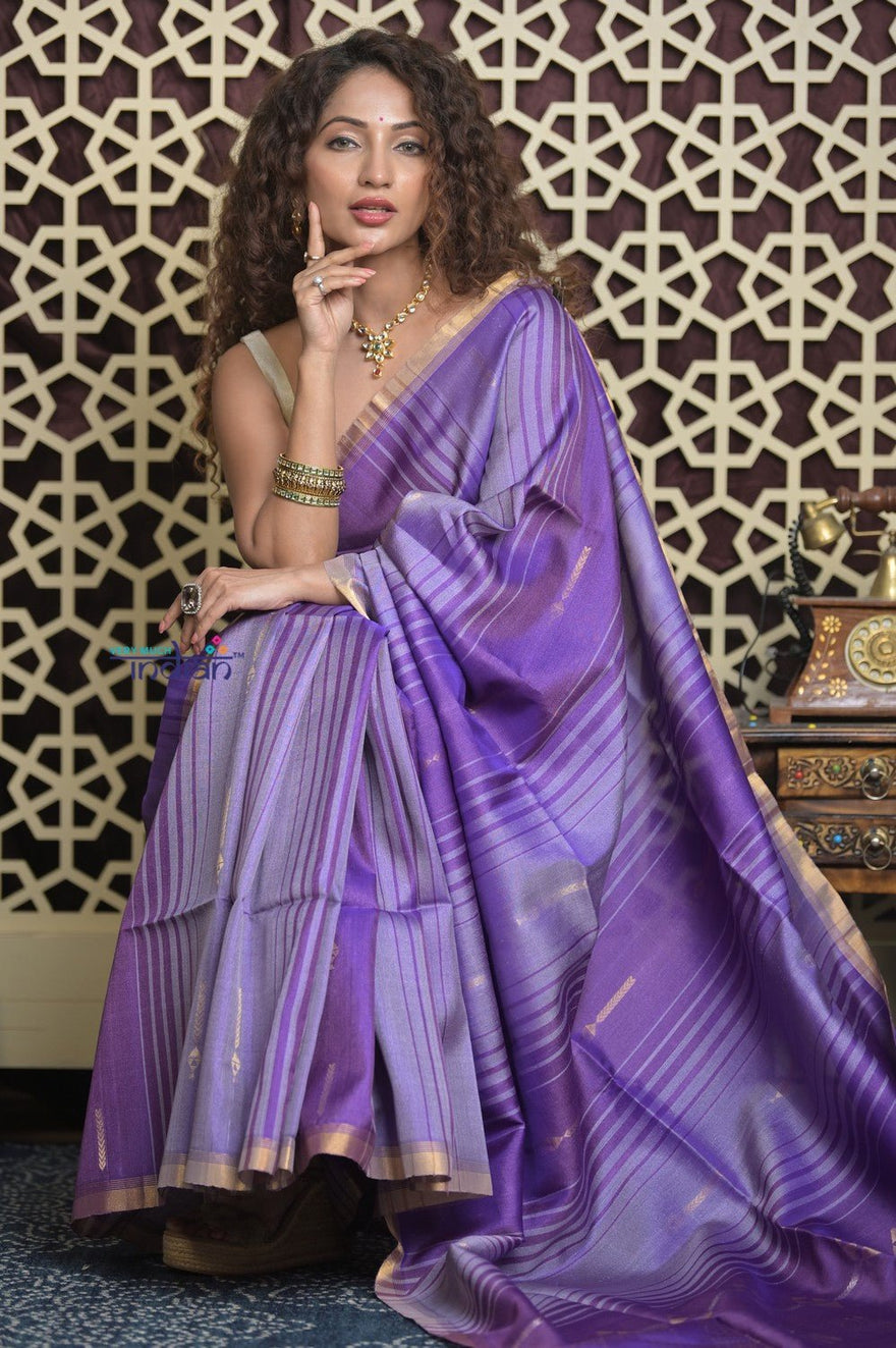 Shubh Lakshmi 2.0 ~ Handloom High Quality Pure Soft Silk Saree in Lilac and Purple (Silk Mark Certified) - verymuchindian.com