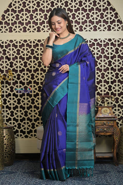 Shubh Lakshmi 2.0 ~ Handloom High Quality Pure Soft Silk Saree in Marine Blue and Green (Silk Mark Certified) - verymuchindian.com