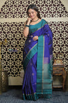 Shubh Lakshmi 2.0 ~ Handloom High Quality Pure Soft Silk Saree in Marine Blue and Green (Silk Mark Certified) - verymuchindian.com