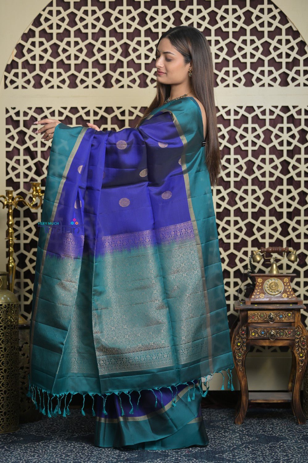 Shubh Lakshmi 2.0 ~ Handloom High Quality Pure Soft Silk Saree in Marine Blue and Green (Silk Mark Certified) - verymuchindian.com