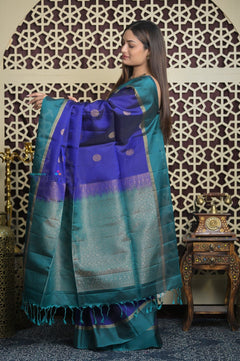 Shubh Lakshmi 2.0 ~ Handloom High Quality Pure Soft Silk Saree in Marine Blue and Green (Silk Mark Certified) - verymuchindian.com