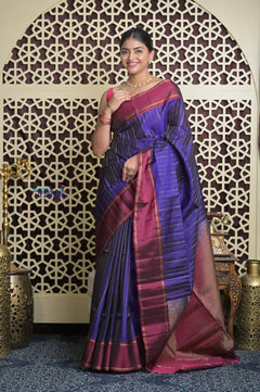 Shubh Lakshmi 2.0 ~ Handloom High Quality Pure Soft Silk Saree in Marine Blue and Maroon (Silk Mark Certified) - verymuchindian.com