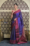 Shubh Lakshmi 2.0 ~ Handloom High Quality Pure Soft Silk Saree in Marine Blue and Maroon (Silk Mark Certified) - verymuchindian.com