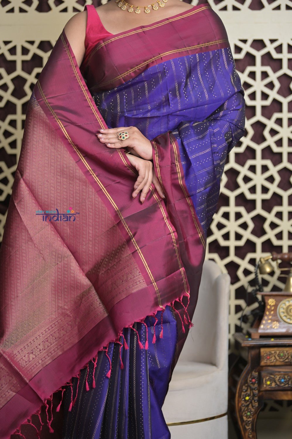 Shubh Lakshmi 2.0 ~ Handloom High Quality Pure Soft Silk Saree in Marine Blue and Maroon (Silk Mark Certified) - verymuchindian.com