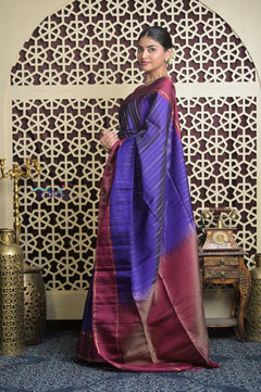 Shubh Lakshmi 2.0 ~ Handloom High Quality Pure Soft Silk Saree in Marine Blue and Maroon (Silk Mark Certified) - verymuchindian.com