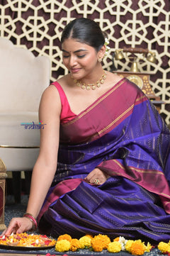 Shubh Lakshmi 2.0 ~ Handloom High Quality Pure Soft Silk Saree in Marine Blue and Maroon (Silk Mark Certified) - verymuchindian.com