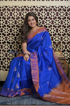 Shubh Lakshmi 2.0 ~ Handloom High Quality Pure Soft Silk Saree in Marine Blue and Orange (Silk Mark Certified) - verymuchindian.com