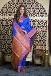 Shubh Lakshmi 2.0 ~ Handloom High Quality Pure Soft Silk Saree in Marine Blue and Orange (Silk Mark Certified) - verymuchindian.com