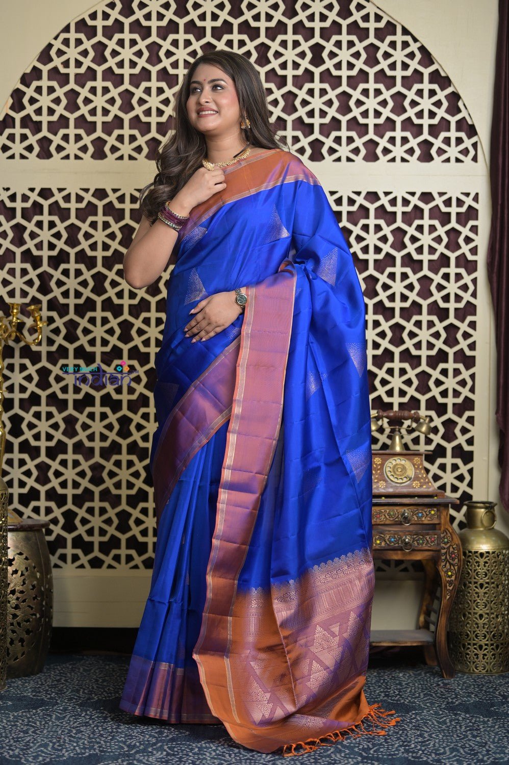 Shubh Lakshmi 2.0 ~ Handloom High Quality Pure Soft Silk Saree in Marine Blue and Orange (Silk Mark Certified) - verymuchindian.com