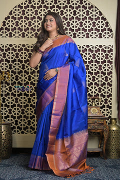 Shubh Lakshmi 2.0 ~ Handloom High Quality Pure Soft Silk Saree in Marine Blue and Orange (Silk Mark Certified) - verymuchindian.com