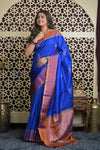 Shubh Lakshmi 2.0 ~ Handloom High Quality Pure Soft Silk Saree in Marine Blue and Orange (Silk Mark Certified) - verymuchindian.com