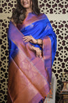 Shubh Lakshmi 2.0 ~ Handloom High Quality Pure Soft Silk Saree in Marine Blue and Orange (Silk Mark Certified) - verymuchindian.com