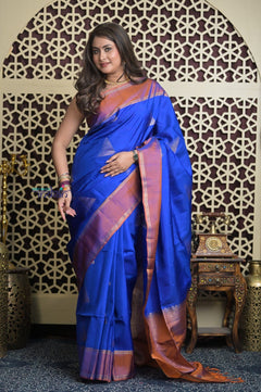 Shubh Lakshmi 2.0 ~ Handloom High Quality Pure Soft Silk Saree in Marine Blue and Orange (Silk Mark Certified) - verymuchindian.com