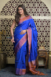 Shubh Lakshmi 2.0 ~ Handloom High Quality Pure Soft Silk Saree in Marine Blue and Orange (Silk Mark Certified) - verymuchindian.com