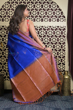 Shubh Lakshmi 2.0 ~ Handloom High Quality Pure Soft Silk Saree in Marine Blue and Orange (Silk Mark Certified) - verymuchindian.com