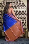 Shubh Lakshmi 2.0 ~ Handloom High Quality Pure Soft Silk Saree in Marine Blue and Orange (Silk Mark Certified) - verymuchindian.com