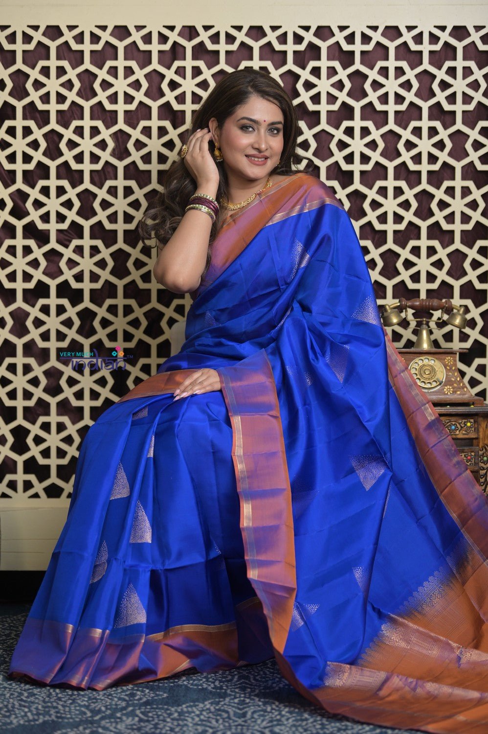 Shubh Lakshmi 2.0 ~ Handloom High Quality Pure Soft Silk Saree in Marine Blue and Orange (Silk Mark Certified) - verymuchindian.com