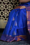 Shubh Lakshmi 2.0 ~ Handloom High Quality Pure Soft Silk Saree in Marine Blue and Orange (Silk Mark Certified) - verymuchindian.com