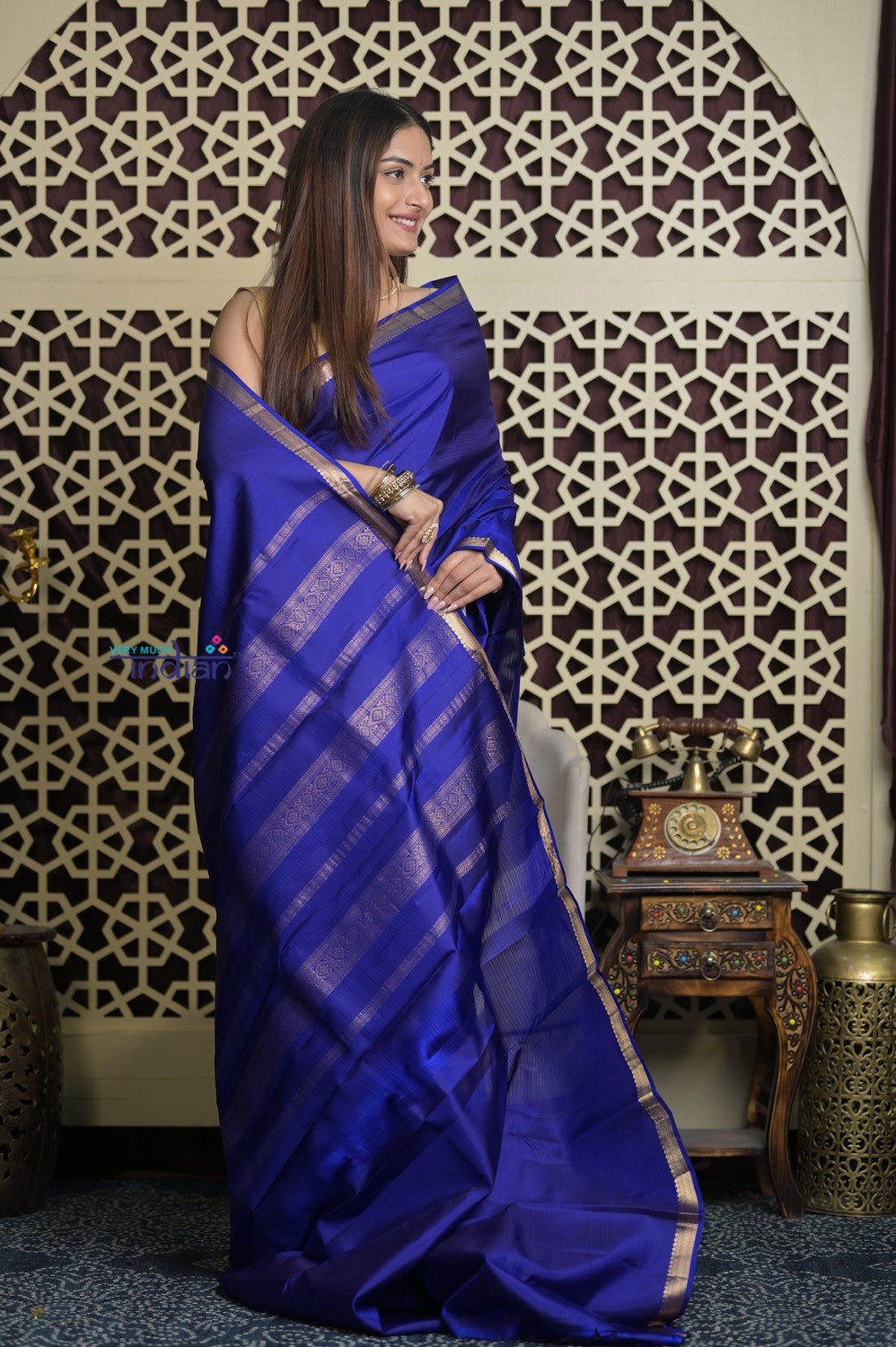 Shubh Lakshmi 2.0 ~ Handloom High Quality Pure Soft Silk Saree in Marine Blue (Silk Mark Certified) - verymuchindian.com