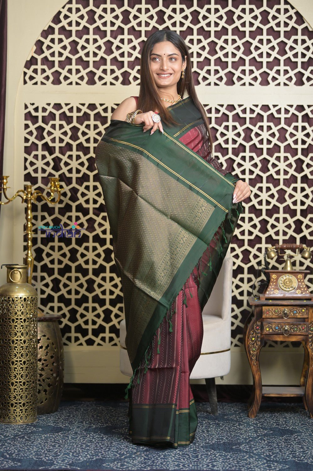 Shubh Lakshmi 2.0 ~ Handloom High Quality Pure Soft Silk Saree in Maroon and Green (Silk Mark Certified) - verymuchindian.com