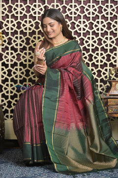 Shubh Lakshmi 2.0 ~ Handloom High Quality Pure Soft Silk Saree in Maroon and Green (Silk Mark Certified) - verymuchindian.com