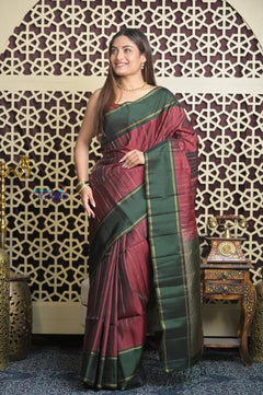 Shubh Lakshmi 2.0 ~ Handloom High Quality Pure Soft Silk Saree in Maroon and Green (Silk Mark Certified) - verymuchindian.com