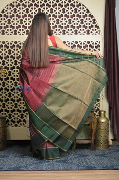 Shubh Lakshmi 2.0 ~ Handloom High Quality Pure Soft Silk Saree in Maroon and Green (Silk Mark Certified) - verymuchindian.com