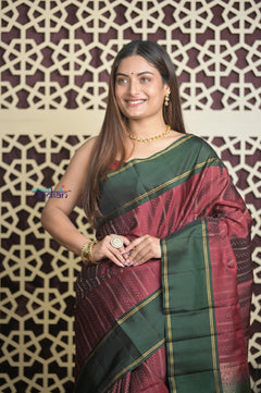 Shubh Lakshmi 2.0 ~ Handloom High Quality Pure Soft Silk Saree in Maroon and Green (Silk Mark Certified) - verymuchindian.com