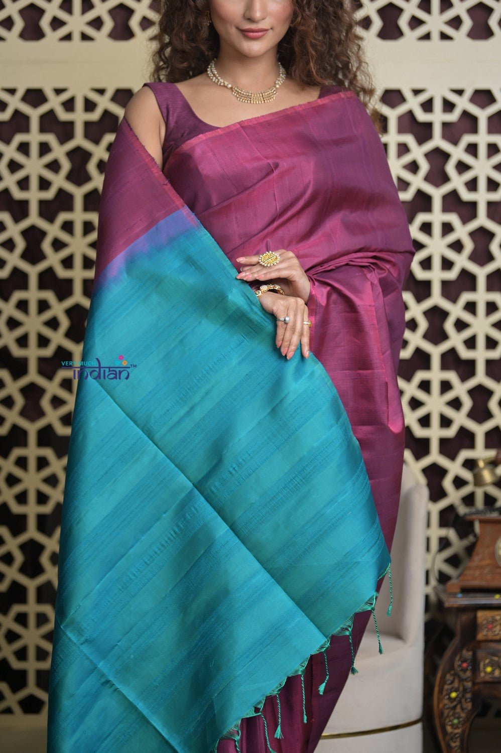 Shubh Lakshmi 2.0 ~ Handloom High Quality Pure Soft Silk Saree in Maroon Pink and Ocean Blue (Silk Mark Certified) - verymuchindian.com