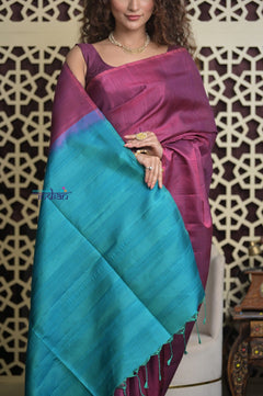 Shubh Lakshmi 2.0 ~ Handloom High Quality Pure Soft Silk Saree in Maroon Pink and Ocean Blue (Silk Mark Certified) - verymuchindian.com