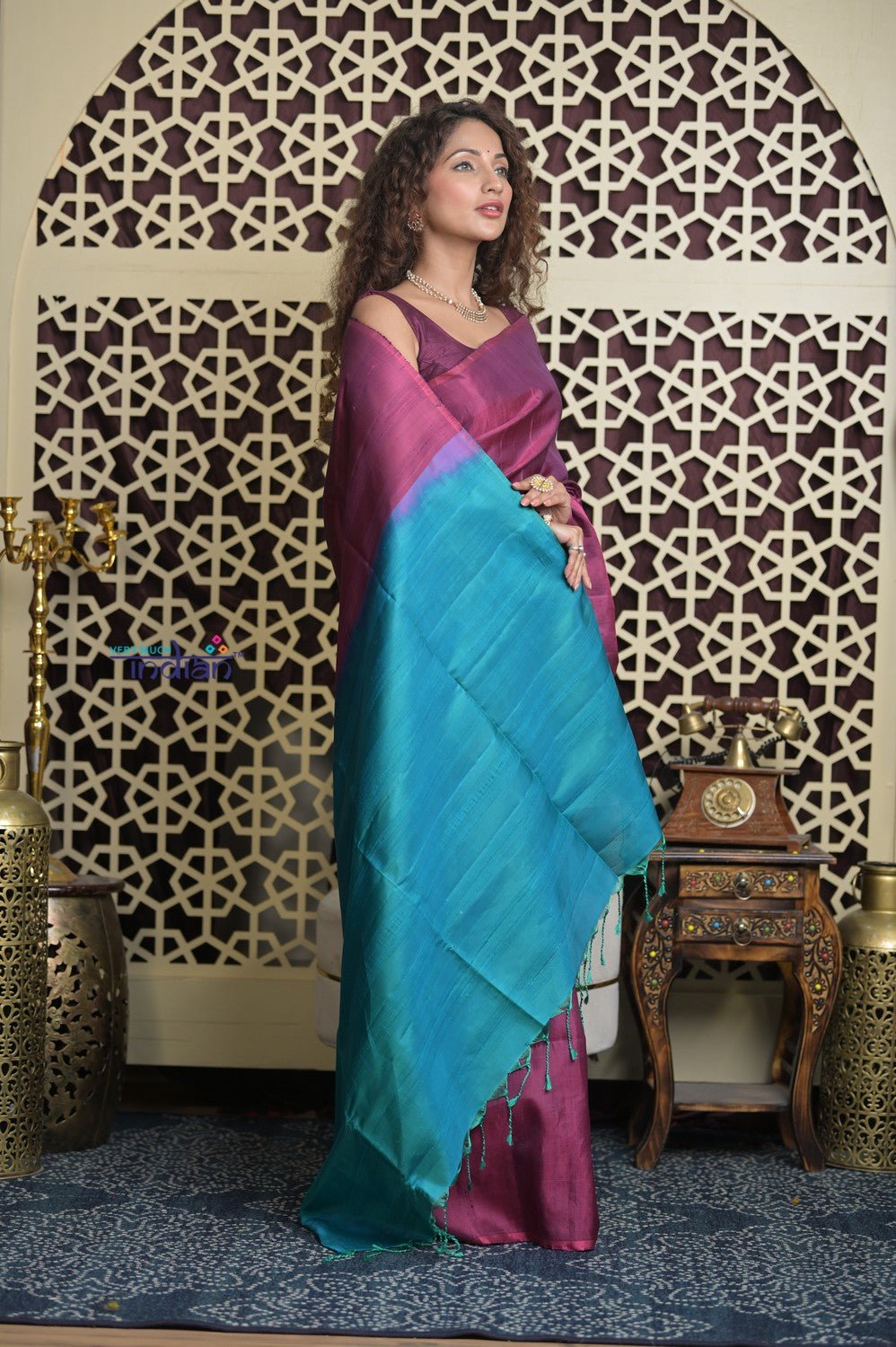 Shubh Lakshmi 2.0 ~ Handloom High Quality Pure Soft Silk Saree in Maroon Pink and Ocean Blue (Silk Mark Certified) - verymuchindian.com