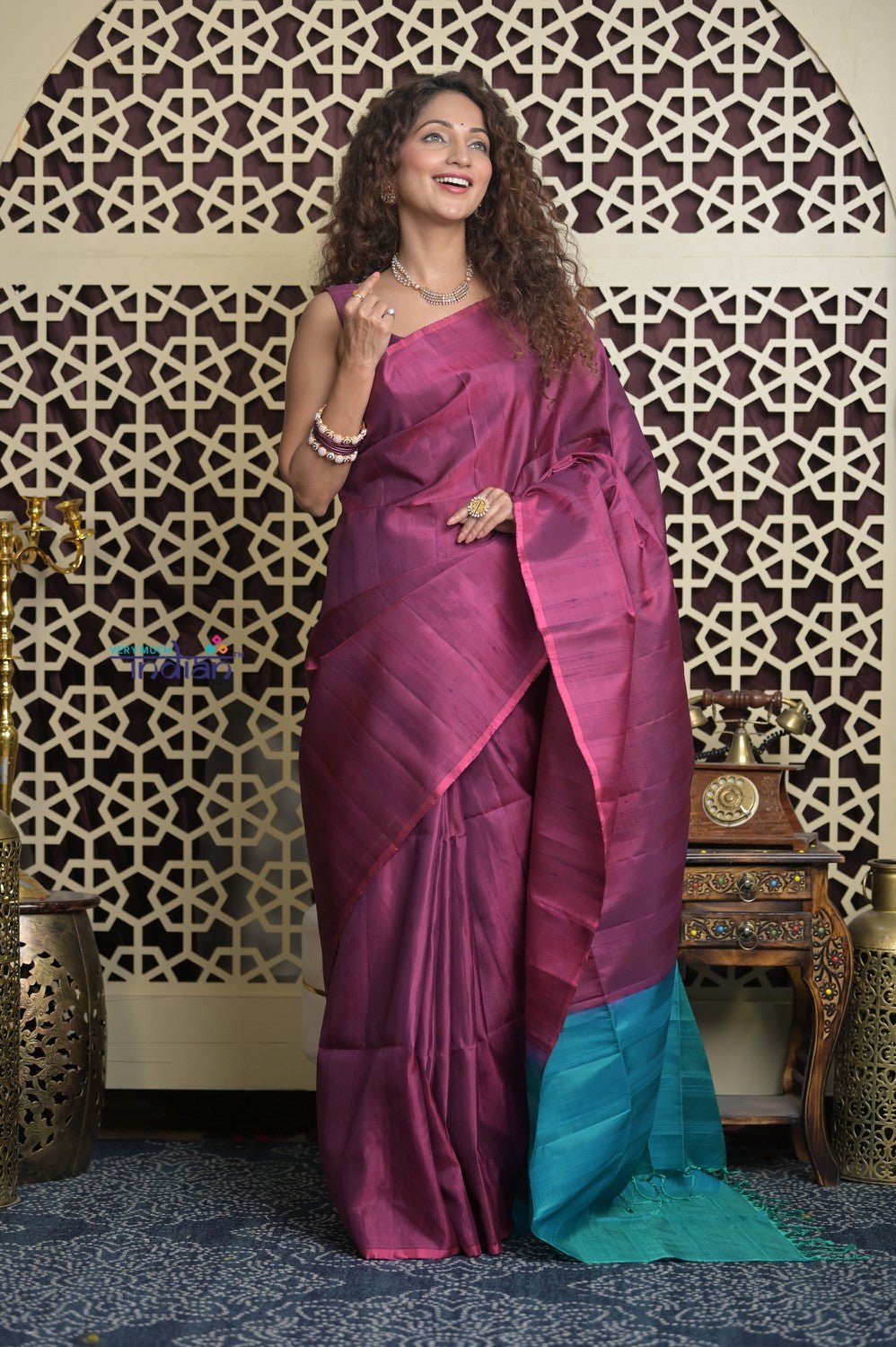 Shubh Lakshmi 2.0 ~ Handloom High Quality Pure Soft Silk Saree in Maroon Pink and Ocean Blue (Silk Mark Certified) - verymuchindian.com