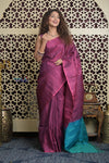 Shubh Lakshmi 2.0 ~ Handloom High Quality Pure Soft Silk Saree in Maroon Pink and Ocean Blue (Silk Mark Certified) - verymuchindian.com