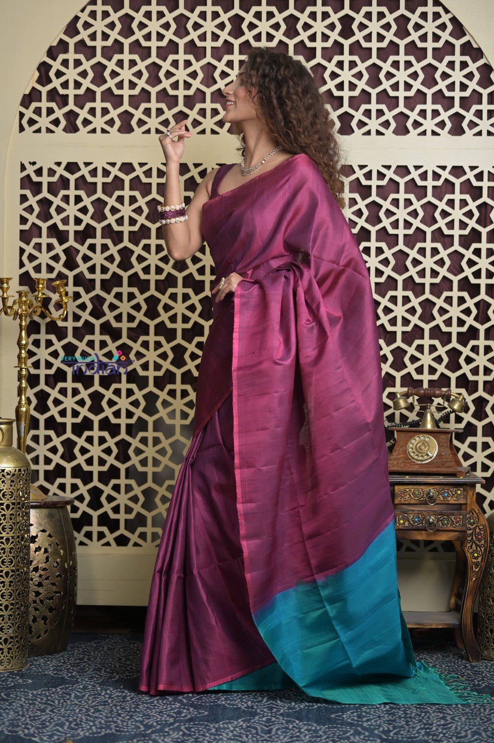 Shubh Lakshmi 2.0 ~ Handloom High Quality Pure Soft Silk Saree in Maroon Pink and Ocean Blue (Silk Mark Certified) - verymuchindian.com