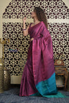 Shubh Lakshmi 2.0 ~ Handloom High Quality Pure Soft Silk Saree in Maroon Pink and Ocean Blue (Silk Mark Certified) - verymuchindian.com