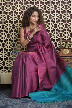 Shubh Lakshmi 2.0 ~ Handloom High Quality Pure Soft Silk Saree in Maroon Pink and Ocean Blue (Silk Mark Certified) - verymuchindian.com