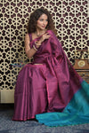Shubh Lakshmi 2.0 ~ Handloom High Quality Pure Soft Silk Saree in Maroon Pink and Ocean Blue (Silk Mark Certified) - verymuchindian.com