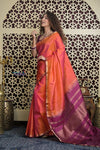 Shubh Lakshmi 2.0 ~ Handloom High Quality Pure Soft Silk Saree in Orange and Blue (Silk Mark Certified) - verymuchindian.com