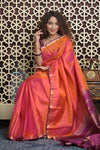 Shubh Lakshmi 2.0 ~ Handloom High Quality Pure Soft Silk Saree in Orange and Blue (Silk Mark Certified) - verymuchindian.com