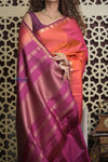 Shubh Lakshmi 2.0 ~ Handloom High Quality Pure Soft Silk Saree in Orange and Blue (Silk Mark Certified) - verymuchindian.com