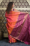 Shubh Lakshmi 2.0 ~ Handloom High Quality Pure Soft Silk Saree in Orange and Blue (Silk Mark Certified) - verymuchindian.com