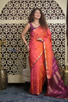 Shubh Lakshmi 2.0 ~ Handloom High Quality Pure Soft Silk Saree in Orange and Blue (Silk Mark Certified) - verymuchindian.com